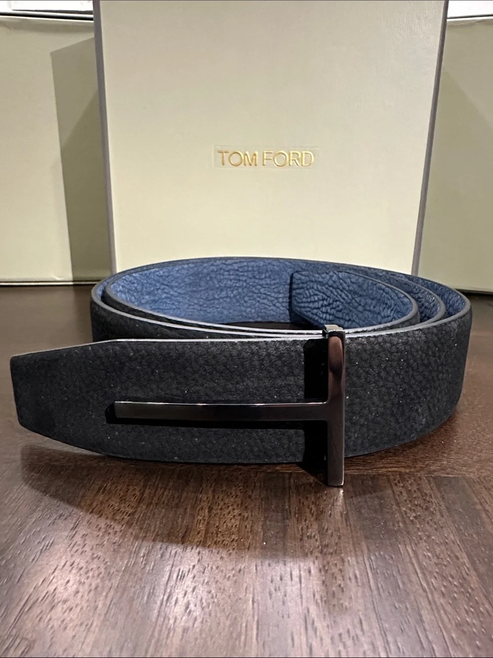 Tom Ford Black and Blue Leather T-Buckle Reversible Belt